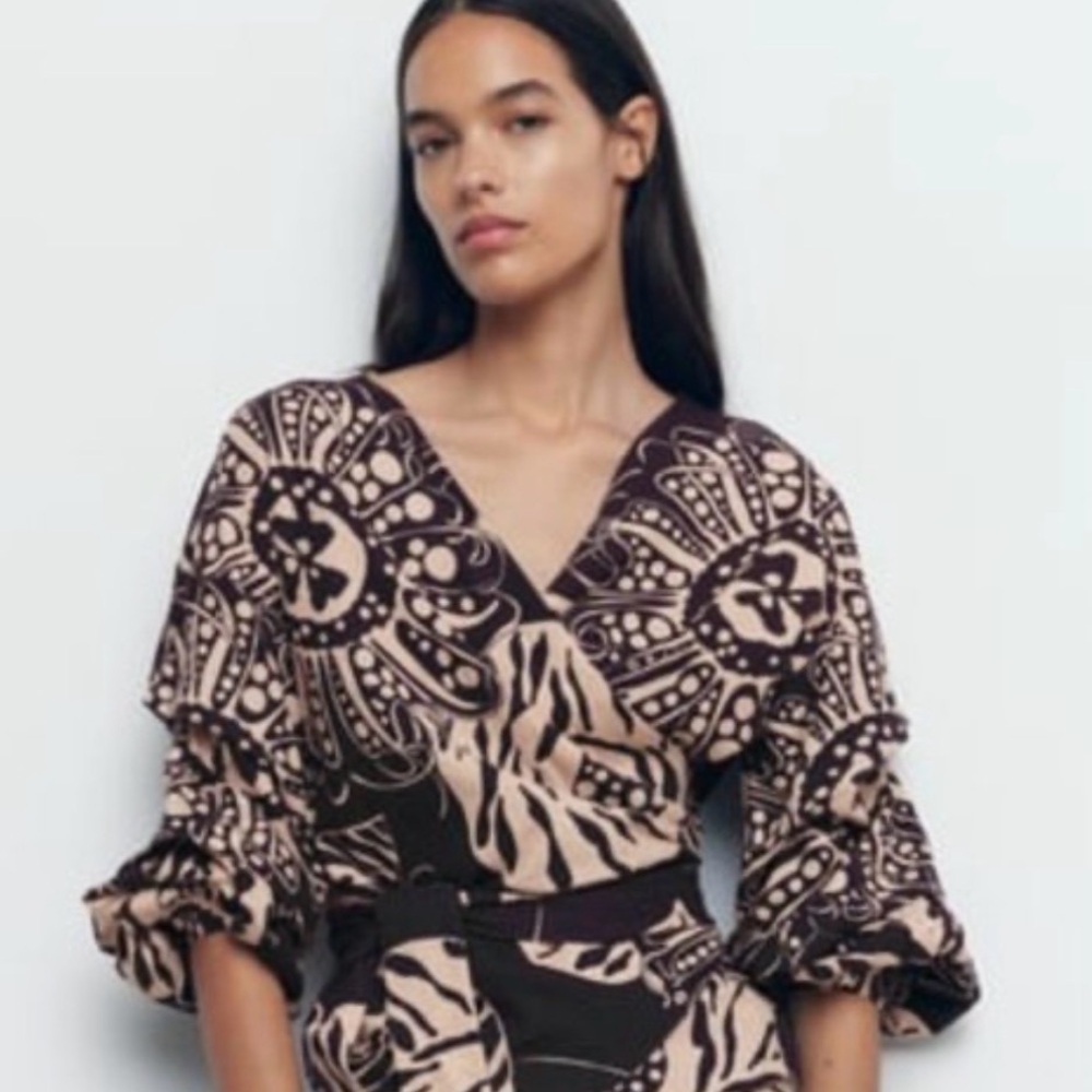 Zara Black and Beige Printed Wrap-Style Blouse